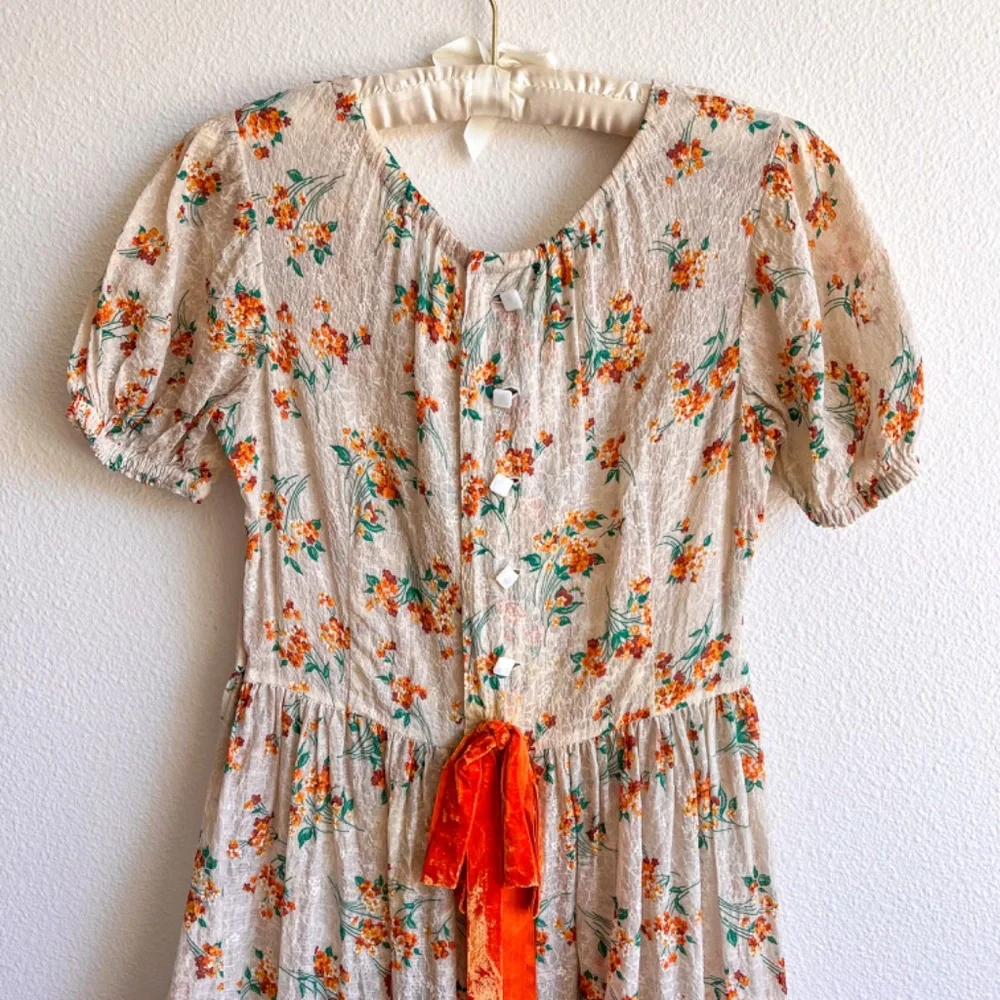 Stunning Vintage 1930s Orange Floral Gown With Velvet Bows (XS/S) - Picture 13 of 14